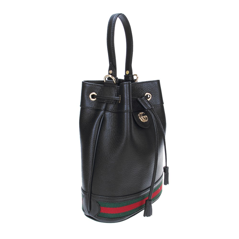【GUCCI 古馳】719884/610846 經典Ophidia系列綠紅綠織帶皮革束口手提/斜背水桶兩用包(黑色)
