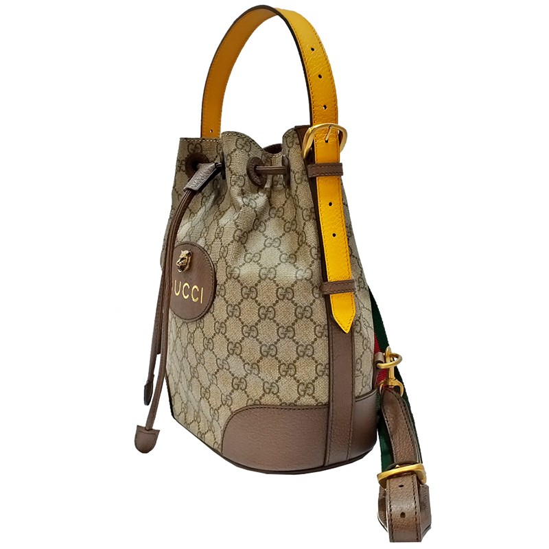 【GUCCI 古馳】473875 經典GG Supreme帆布印花皮革飾邊束口肩/後背水桶包(棕色)