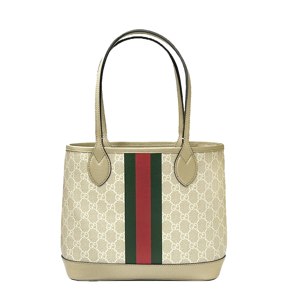 【GUCCI 古馳】726762 經典GG Supreme帆布綠紅綠織帶輕巧小型肩背包托特包(燕麥色)