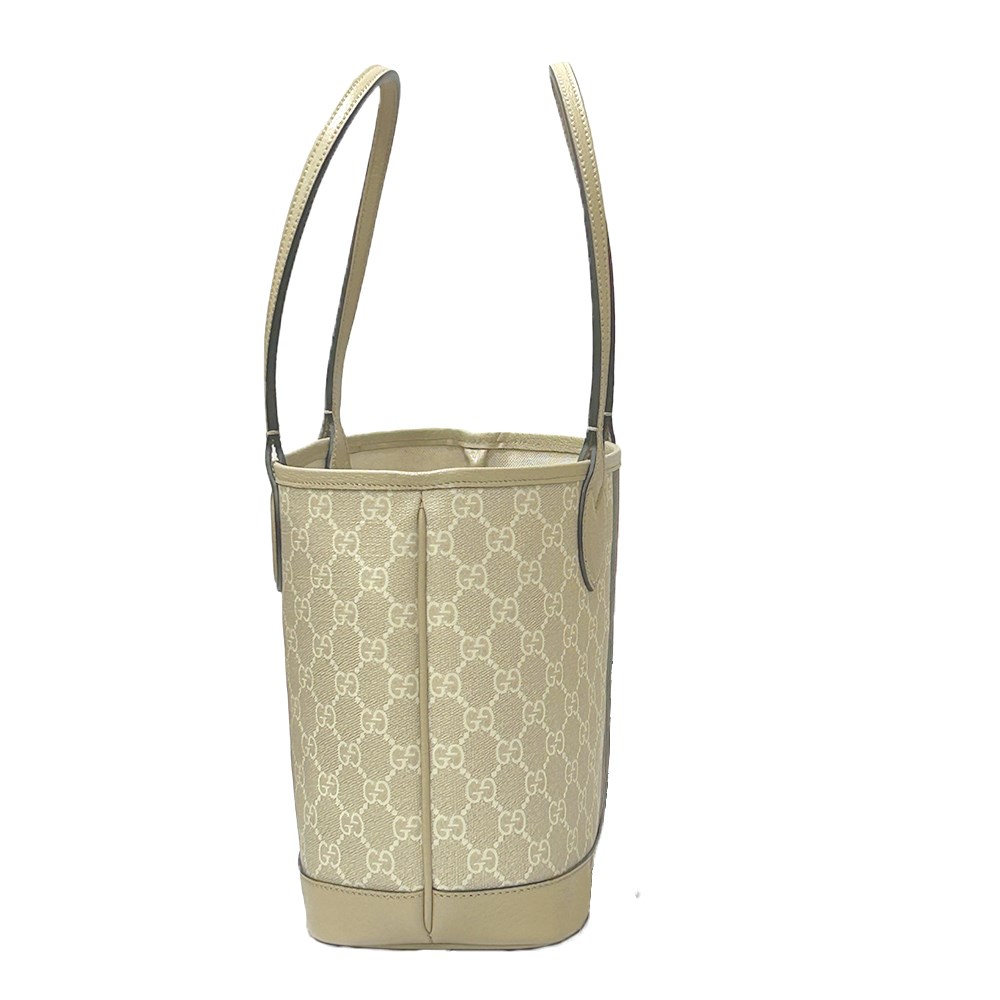 【GUCCI 古馳】726762 經典GG Supreme帆布綠紅綠織帶輕巧小型肩背包托特包(燕麥色)