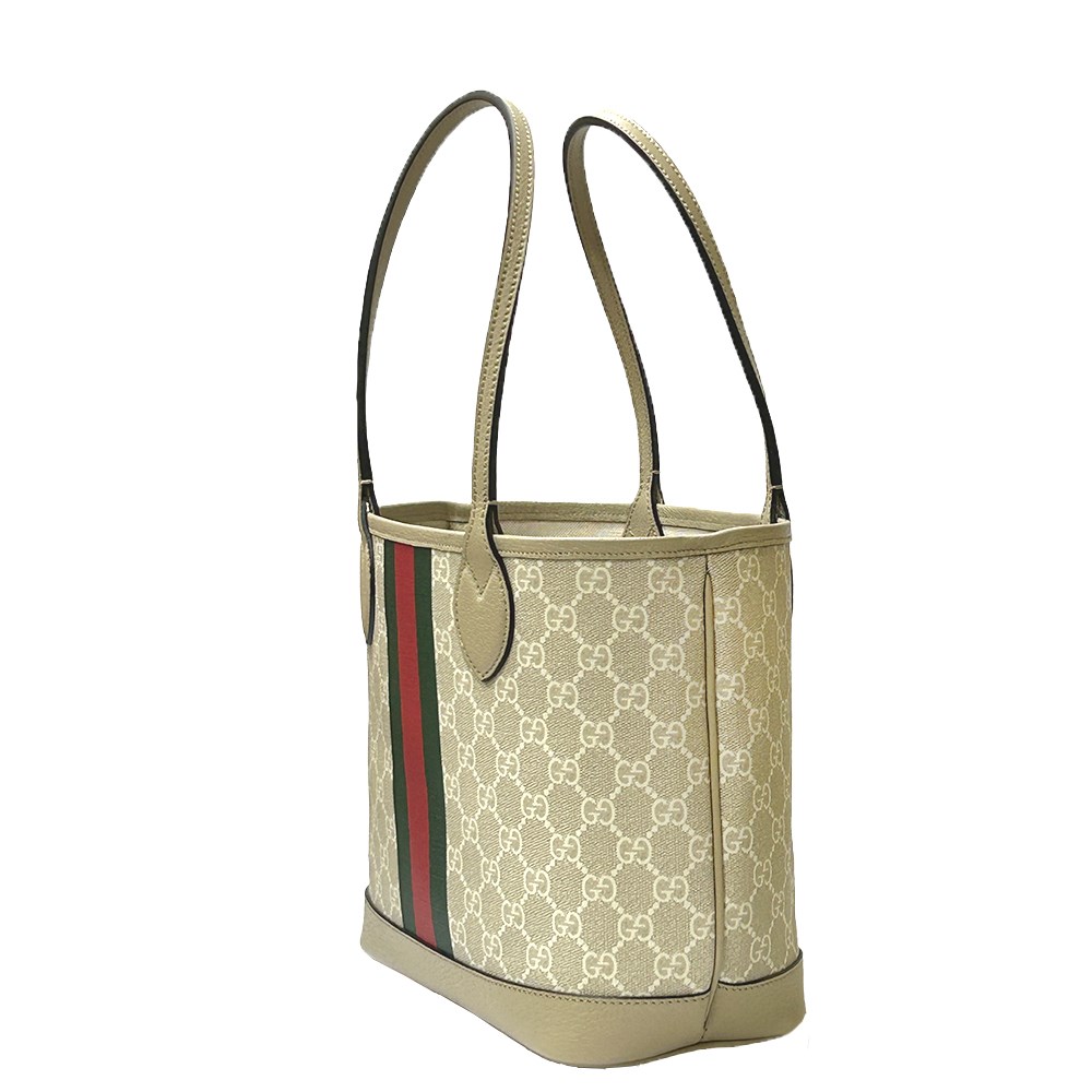 【GUCCI 古馳】726762 經典GG Supreme帆布綠紅綠織帶輕巧小型肩背包托特包(燕麥色)