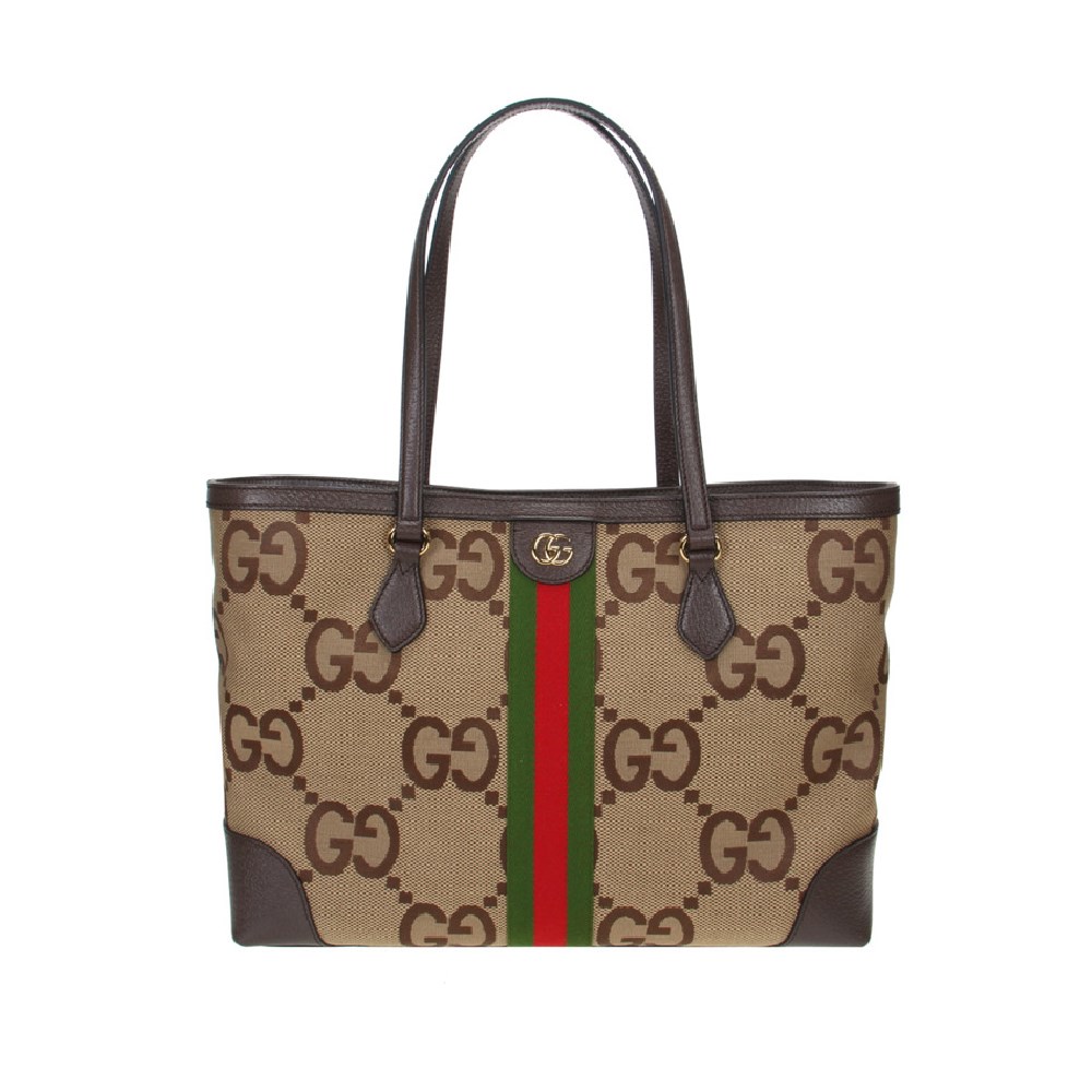 【GUCCI 古馳】631685 Ophidia系列GG帆布印花綠紅綠織帶皮革飾邊肩背托特包/購物包  