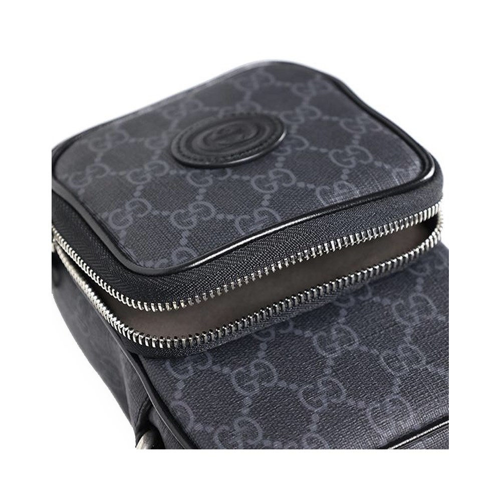 【GUCCI 古馳】672952 經典Retro系列帆布迷你手提/斜背GG Supreme兩用手機包(黑灰色)