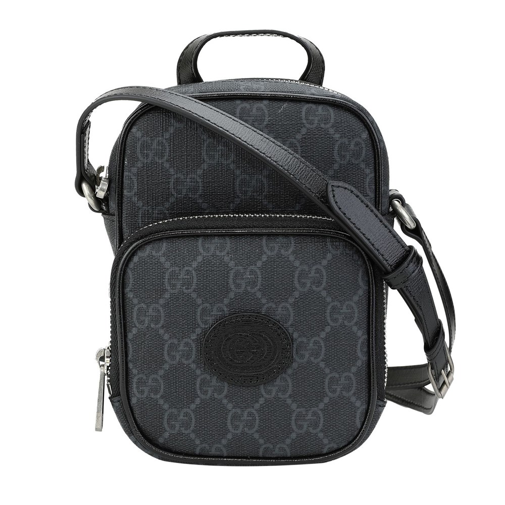 【GUCCI 古馳】672952 經典Retro系列帆布迷你手提/斜背GG Supreme兩用手機包(黑灰色)