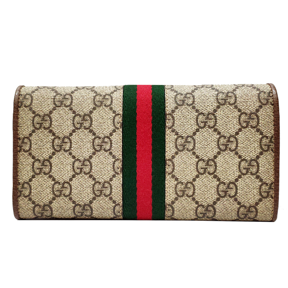 【GUCCI 古馳】546592 Ophidia帆布WOC印花綠紅綠織帶皮革飾邊暗釦肩背/手拿長夾(棕色)