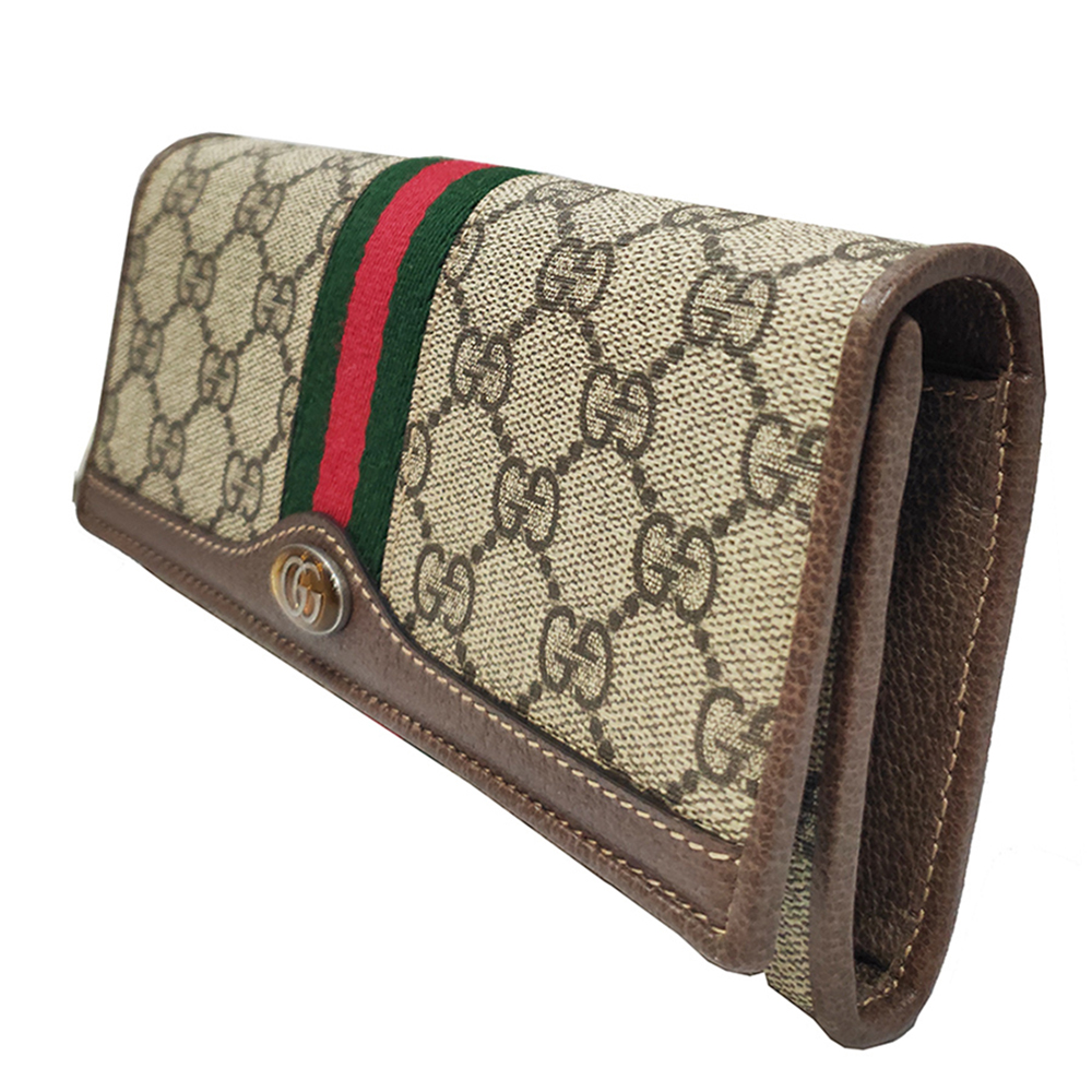 【GUCCI 古馳】546592 Ophidia帆布WOC印花綠紅綠織帶皮革飾邊暗釦肩背/手拿長夾(棕色)
