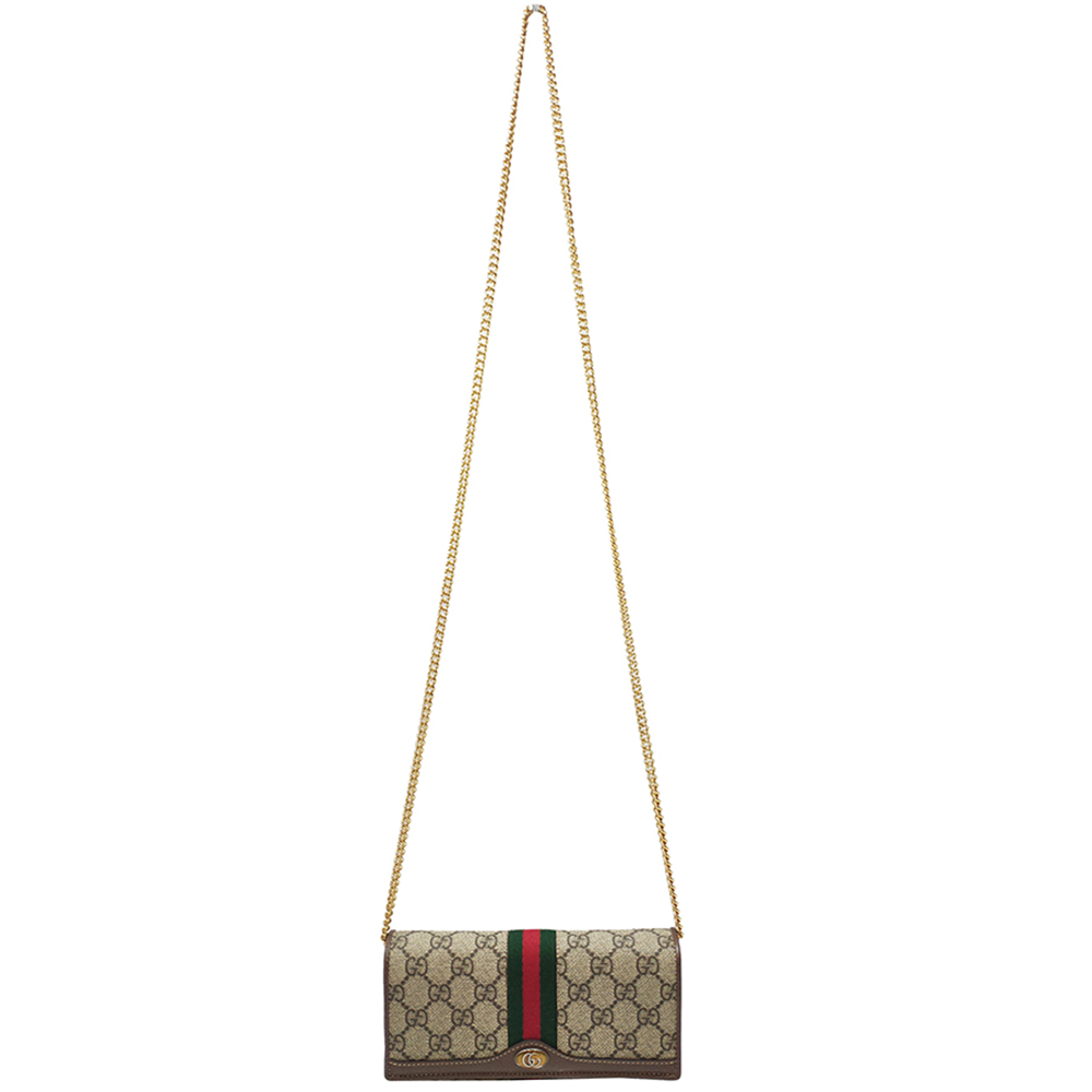 【GUCCI 古馳】546592 Ophidia帆布WOC印花綠紅綠織帶皮革飾邊暗釦肩背/手拿長夾(棕色)