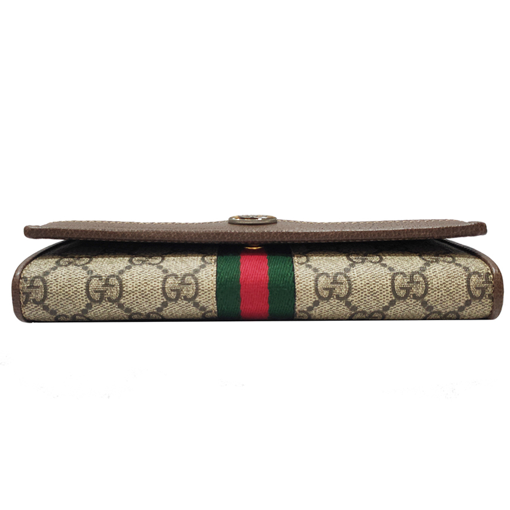 【GUCCI 古馳】546592 Ophidia帆布WOC印花綠紅綠織帶皮革飾邊暗釦肩背/手拿長夾(棕色)