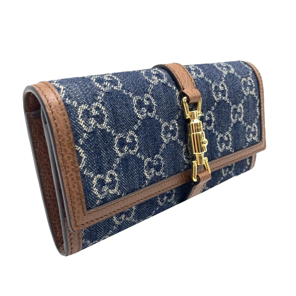 【GUCCI 古馳】652681 經典復古Jackie 1961系列管狀釦環牛仔緹花布面金鍊手拿/斜背兩用包