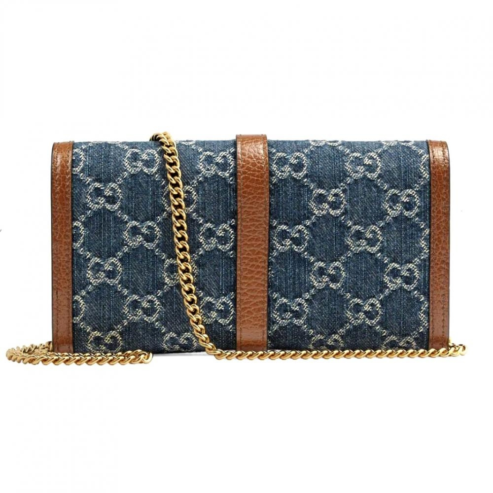 【GUCCI 古馳】652681 經典復古Jackie 1961系列管狀釦環牛仔緹花布面金鍊手拿/斜背兩用包