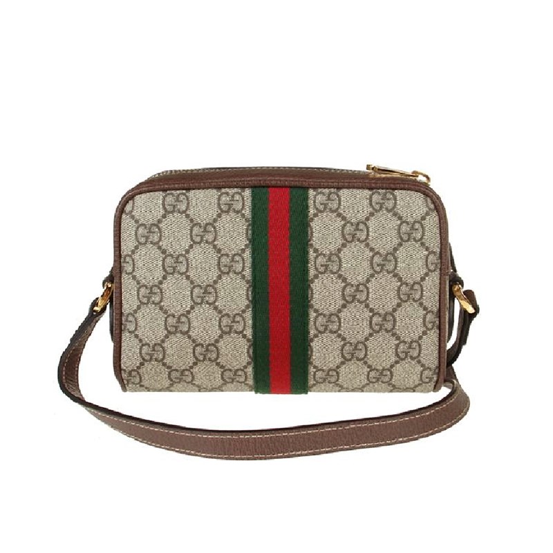 【GUCCI 古馳】經典Minisac Ophidia系列帆布印花綠紅綠織帶皮革飾邊拉鍊斜背包