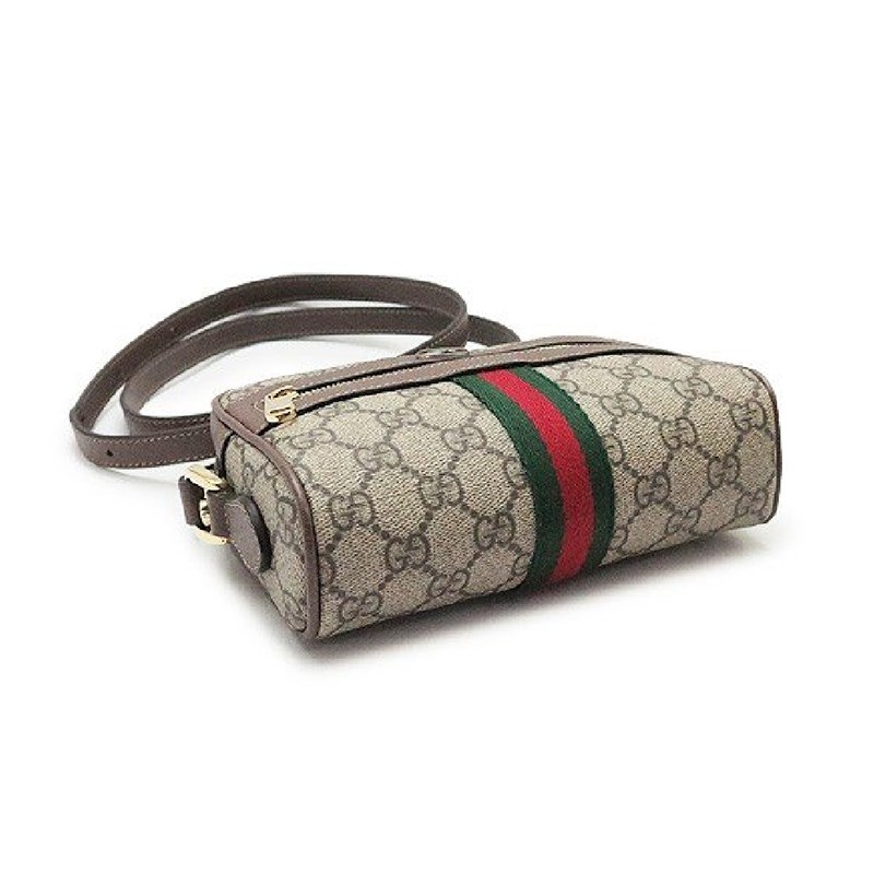 【GUCCI 古馳】經典Minisac Ophidia系列帆布印花綠紅綠織帶皮革飾邊拉鍊斜背包