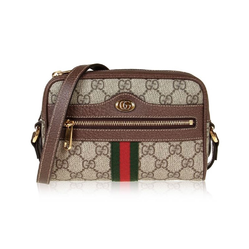 【GUCCI 古馳】經典Minisac Ophidia系列帆布印花綠紅綠織帶皮革飾邊拉鍊斜背包