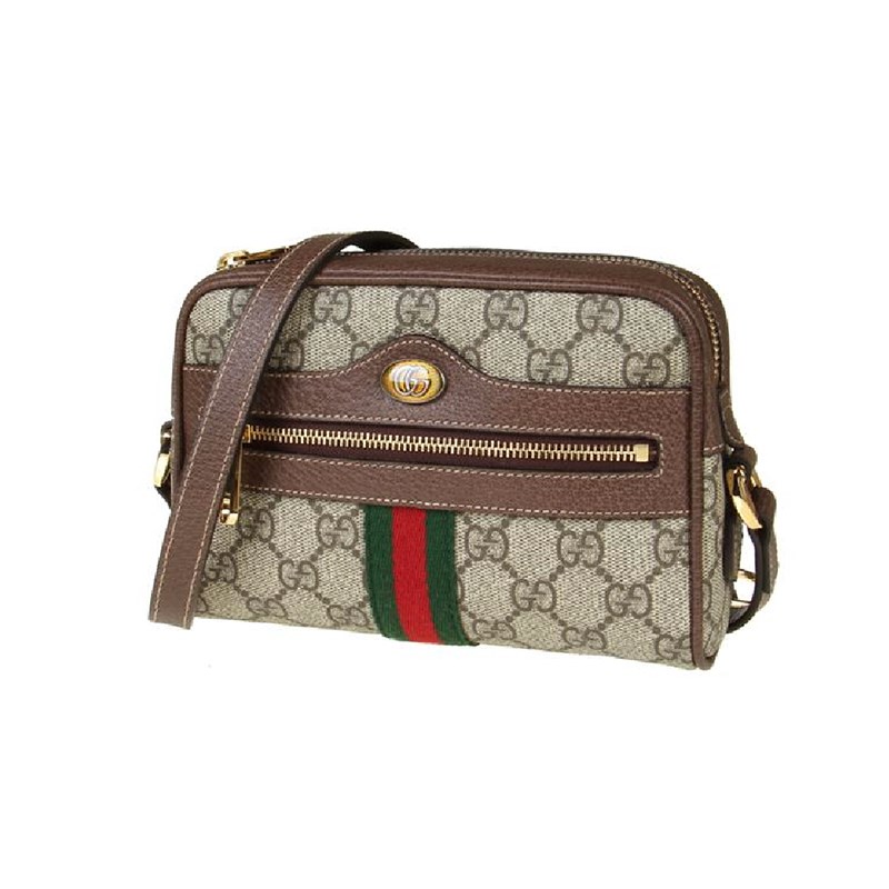 【GUCCI 古馳】經典Minisac Ophidia系列帆布印花綠紅綠織帶皮革飾邊拉鍊斜背包