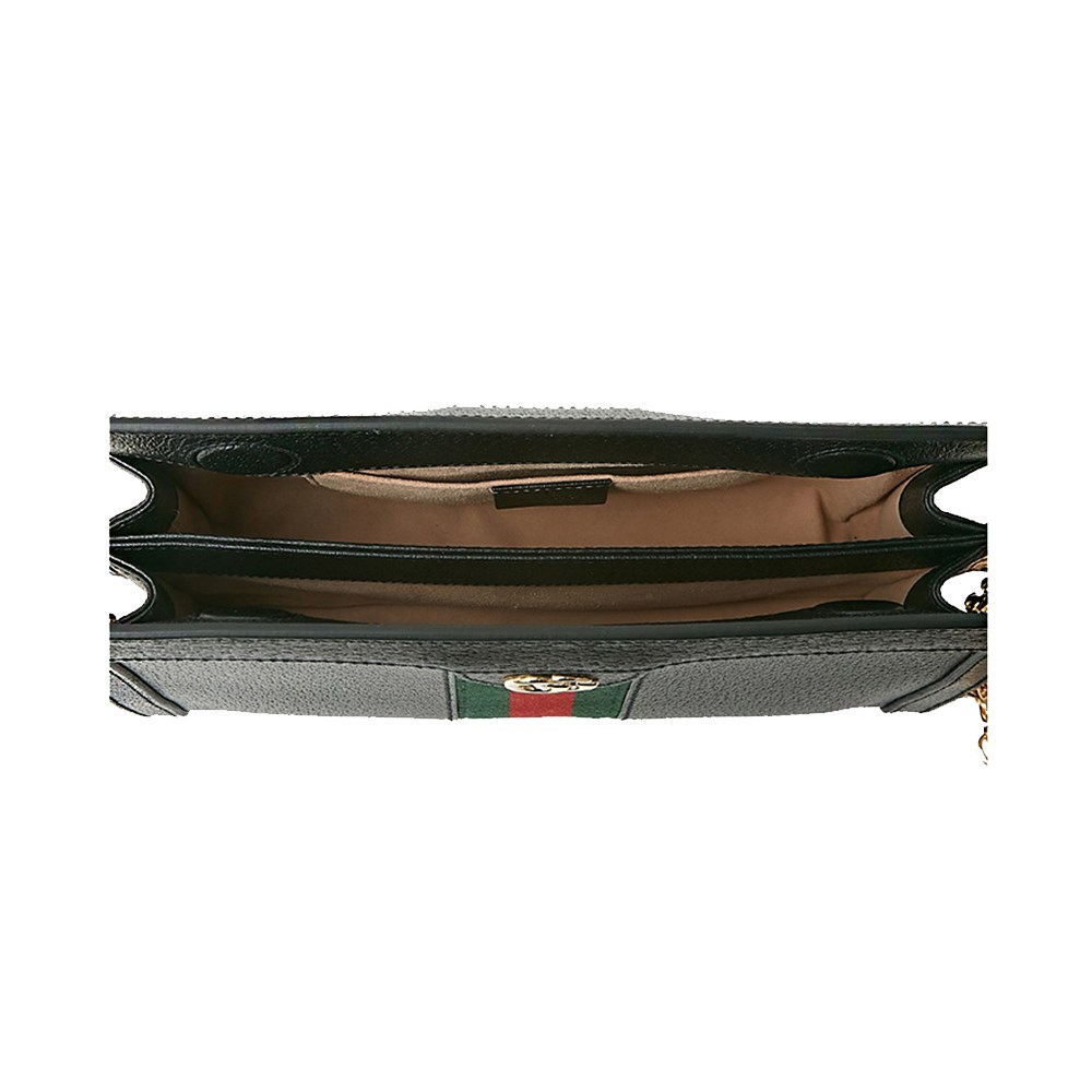 【GUCCI 古馳】503877 經典Ophidia系列GG帆布印花綠紅綠織帶皮革飾邊磁釦手拿/肩背包(黑色)