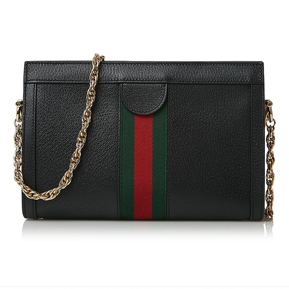 【GUCCI 古馳】503877 經典Ophidia系列GG帆布印花綠紅綠織帶皮革飾邊磁釦手拿/肩背包(黑色)