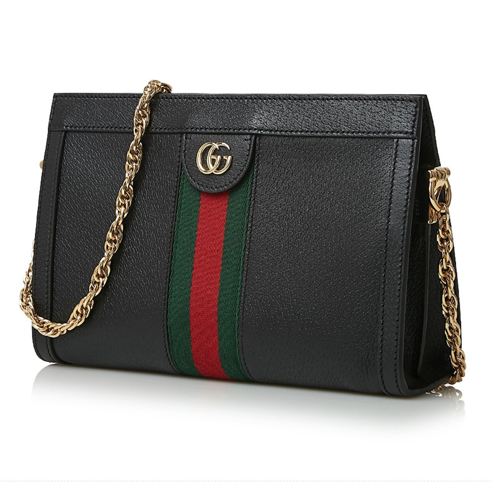 【GUCCI 古馳】503877 經典Ophidia系列GG帆布印花綠紅綠織帶皮革飾邊磁釦手拿/肩背包(黑色)
