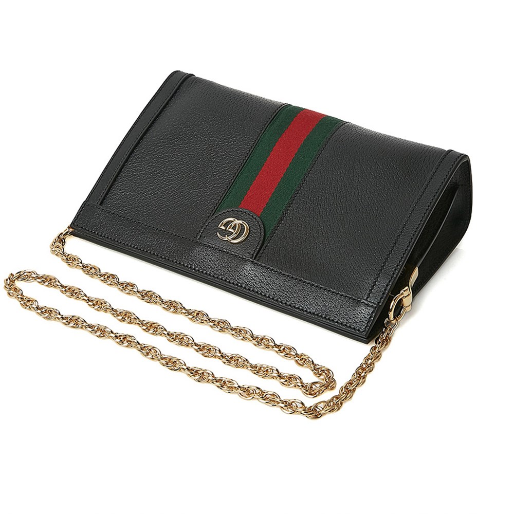 【GUCCI 古馳】503877 經典Ophidia系列GG帆布印花綠紅綠織帶皮革飾邊磁釦手拿/肩背包(黑色)