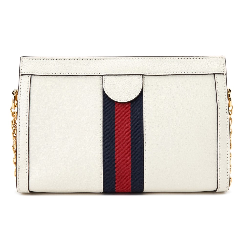 【GUCCI 古馳】503877 經典Ophidia系列GG帆布印花綠紅綠織帶皮革飾邊磁釦手拿/肩背包(白色)