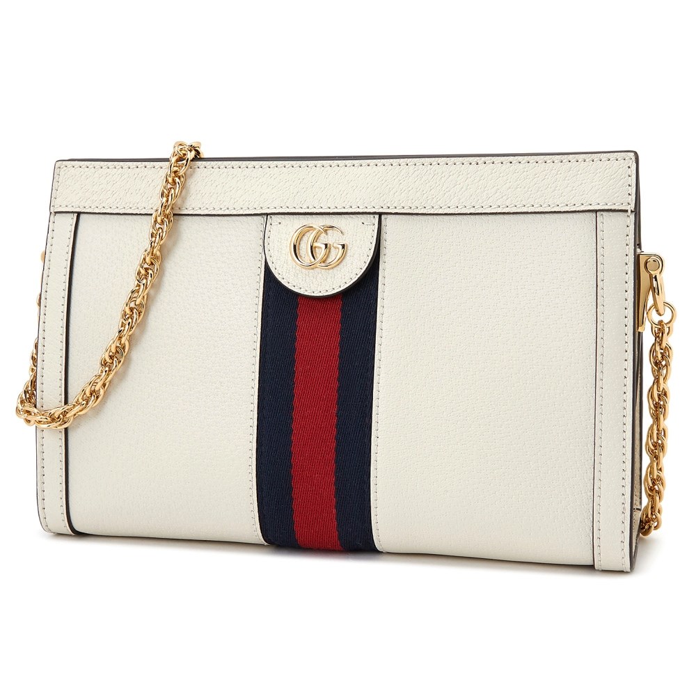 【GUCCI 古馳】503877 經典Ophidia系列GG帆布印花綠紅綠織帶皮革飾邊磁釦手拿/肩背包(白色)
