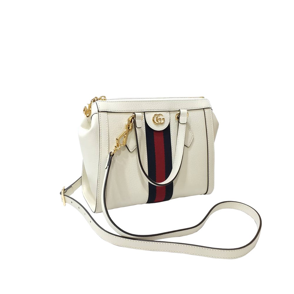 【GUCCI 古馳】547551 經典Ophidia系列藍紅藍織帶皮革飾邊手提/斜背兩用包(白色)