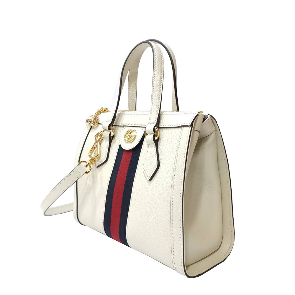 【GUCCI 古馳】547551 經典Ophidia系列藍紅藍織帶皮革飾邊手提/斜背兩用包(白色)