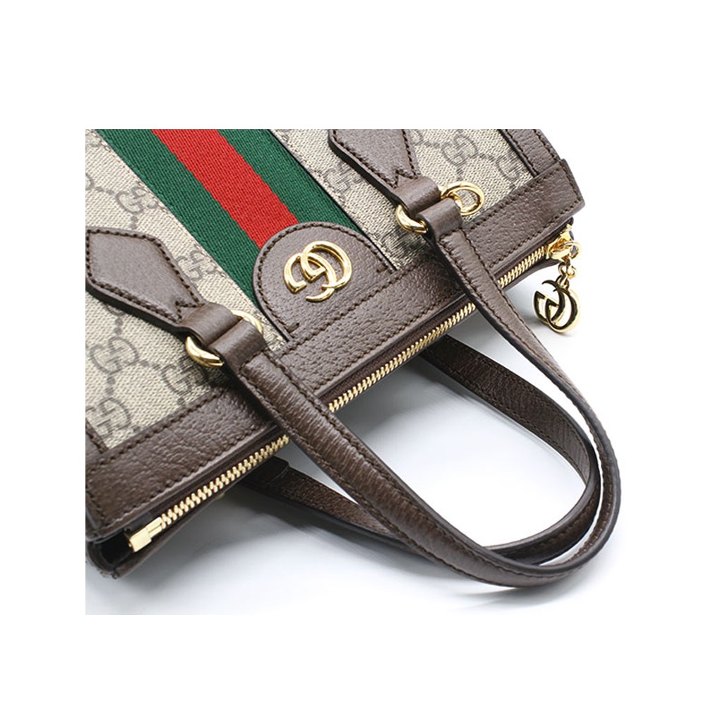 【GUCCI 古馳】547551 經典Ophidia系列綠紅綠織帶皮革飾邊手提/斜背兩用包 (棕色)