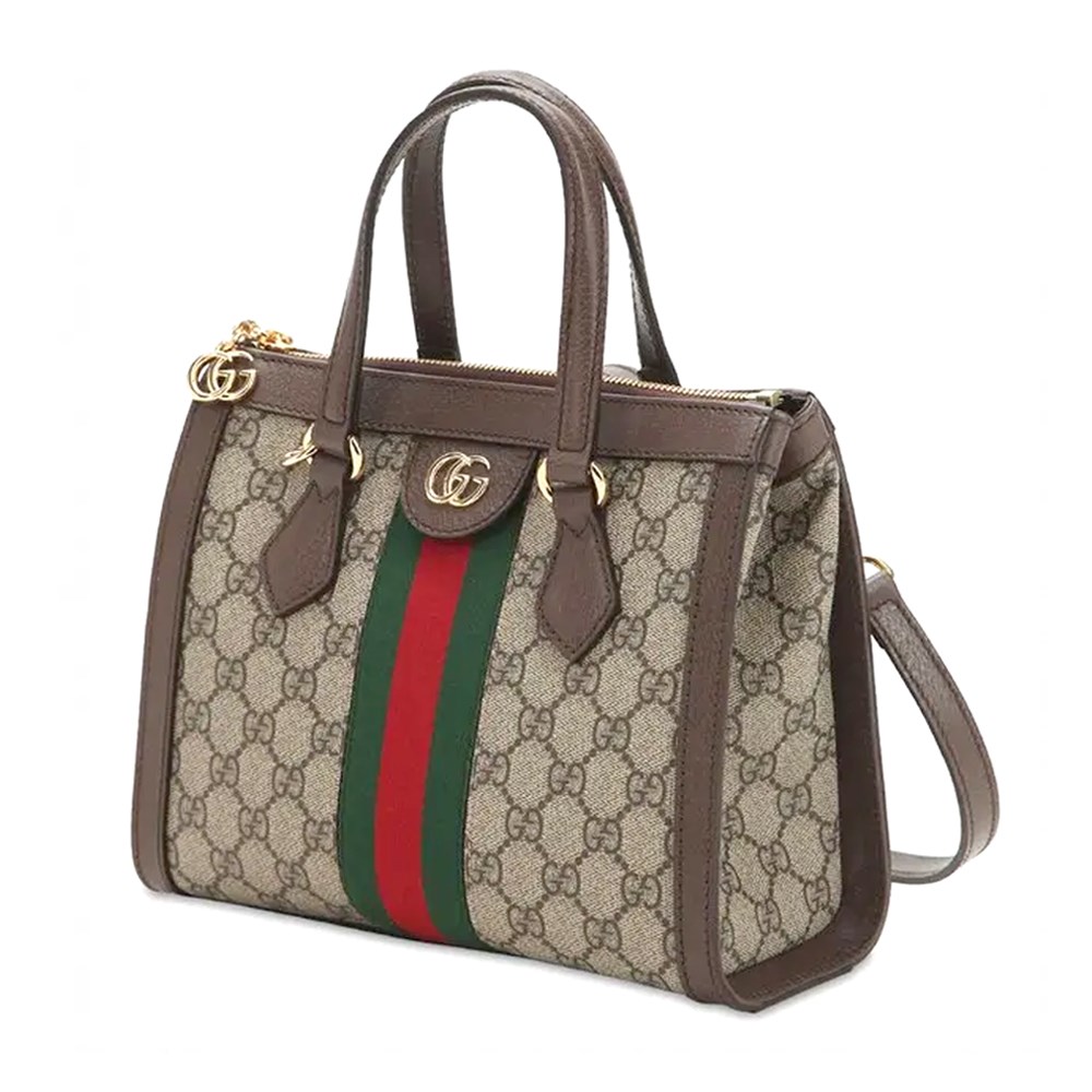 【GUCCI 古馳】547551 經典Ophidia系列綠紅綠織帶皮革飾邊手提/斜背兩用包 (棕色)