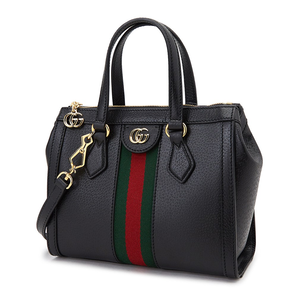 【GUCCI 古馳】719882 經典Ophidia系列綠紅綠織帶皮革飾邊手提/斜背兩用包(黑色)