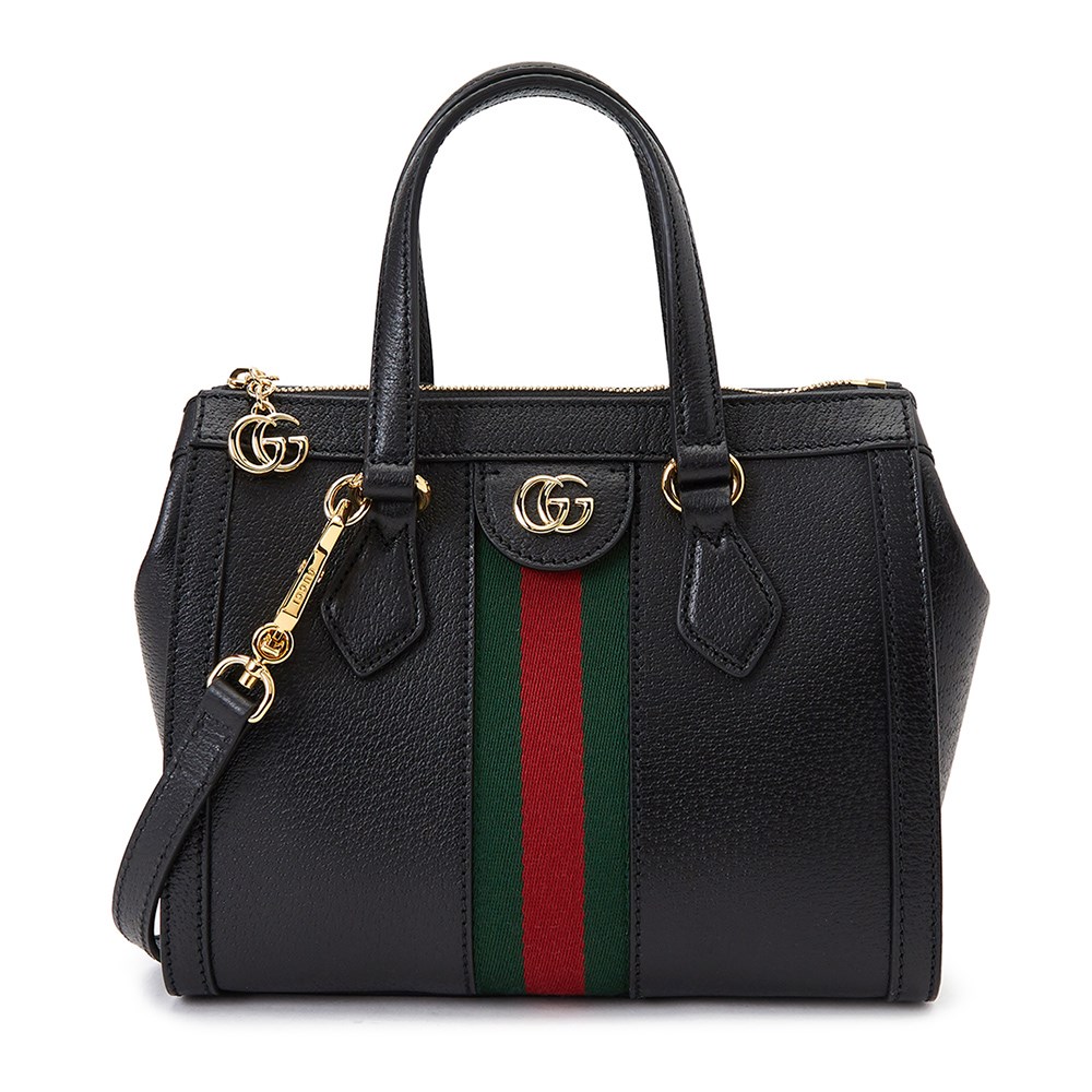 【GUCCI 古馳】719882 經典Ophidia系列綠紅綠織帶皮革飾邊手提/斜背兩用包(黑色)