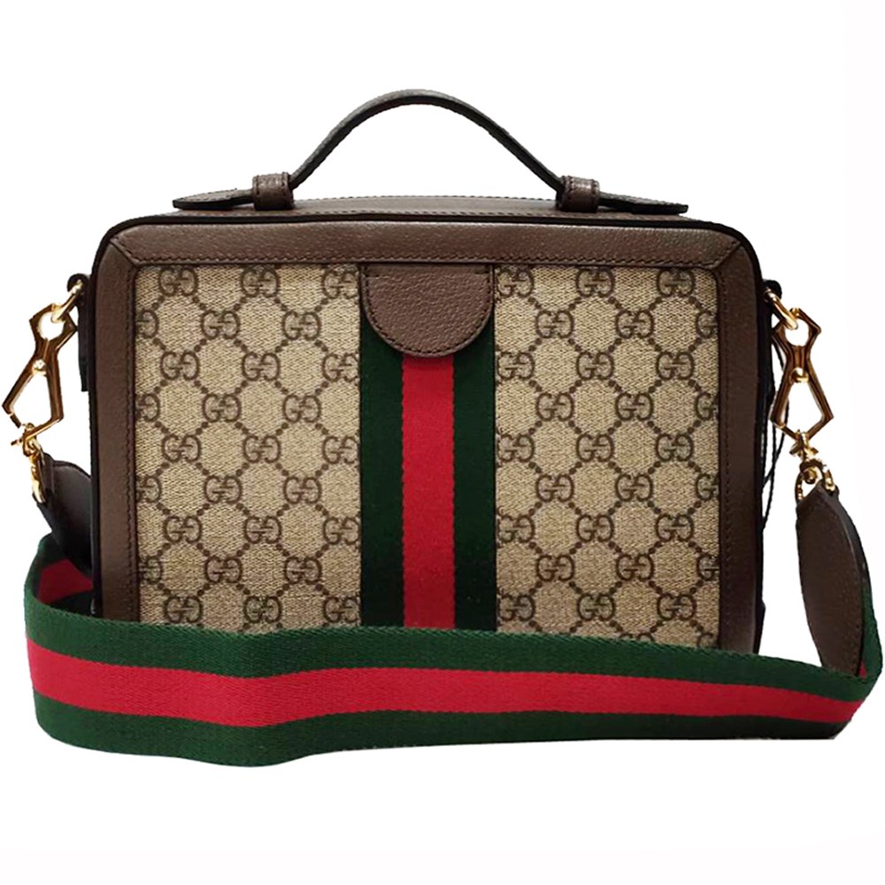 【GUCCI 古馳】550622 經典Ophidia系列帆布印花綠紅綠織帶皮革飾邊拉鍊手提/斜背兩用包