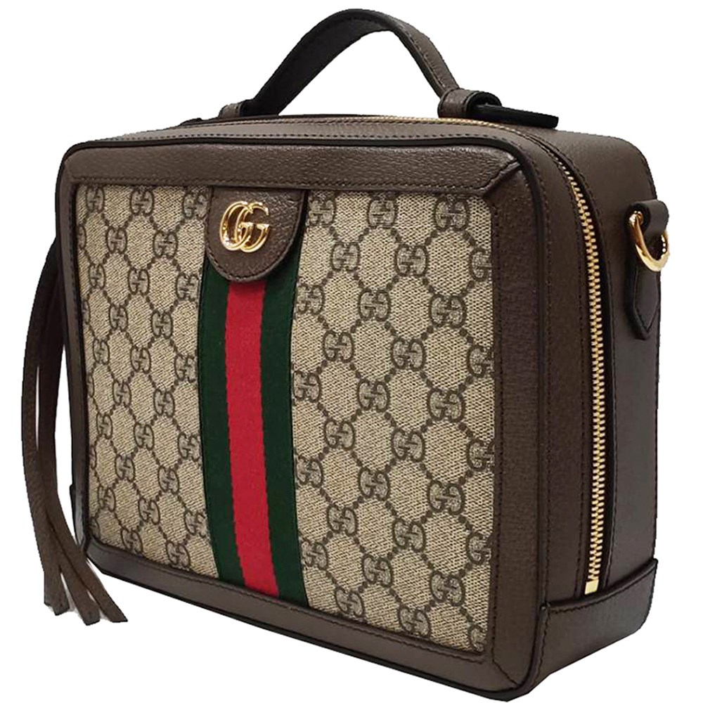 【GUCCI 古馳】550622 經典Ophidia系列帆布印花綠紅綠織帶皮革飾邊拉鍊手提/斜背兩用包