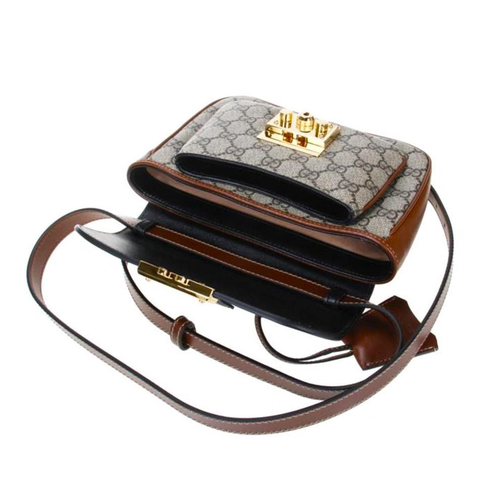 【GUCCI 古馳】658487 經典Padlock MINI 雙色拼接掛鎖造型手提肩背包
