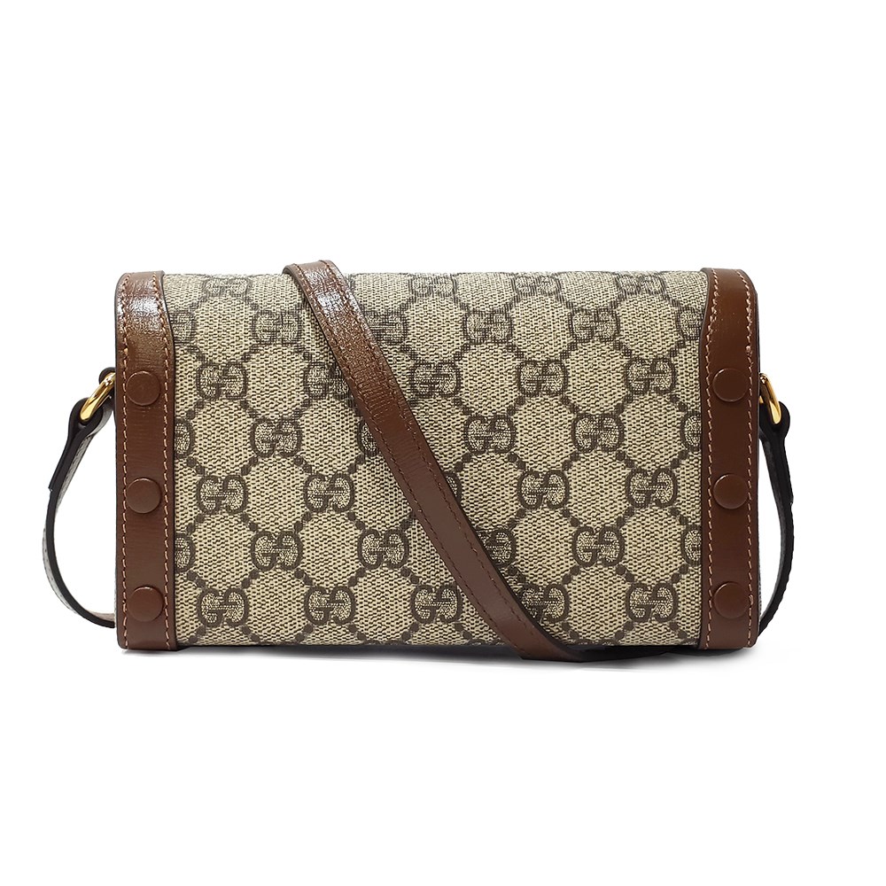 【GUCCI 古馳】699296 經典1955 Horsebit馬銜釦中性款肩背斜背迷你手機包(棕色)