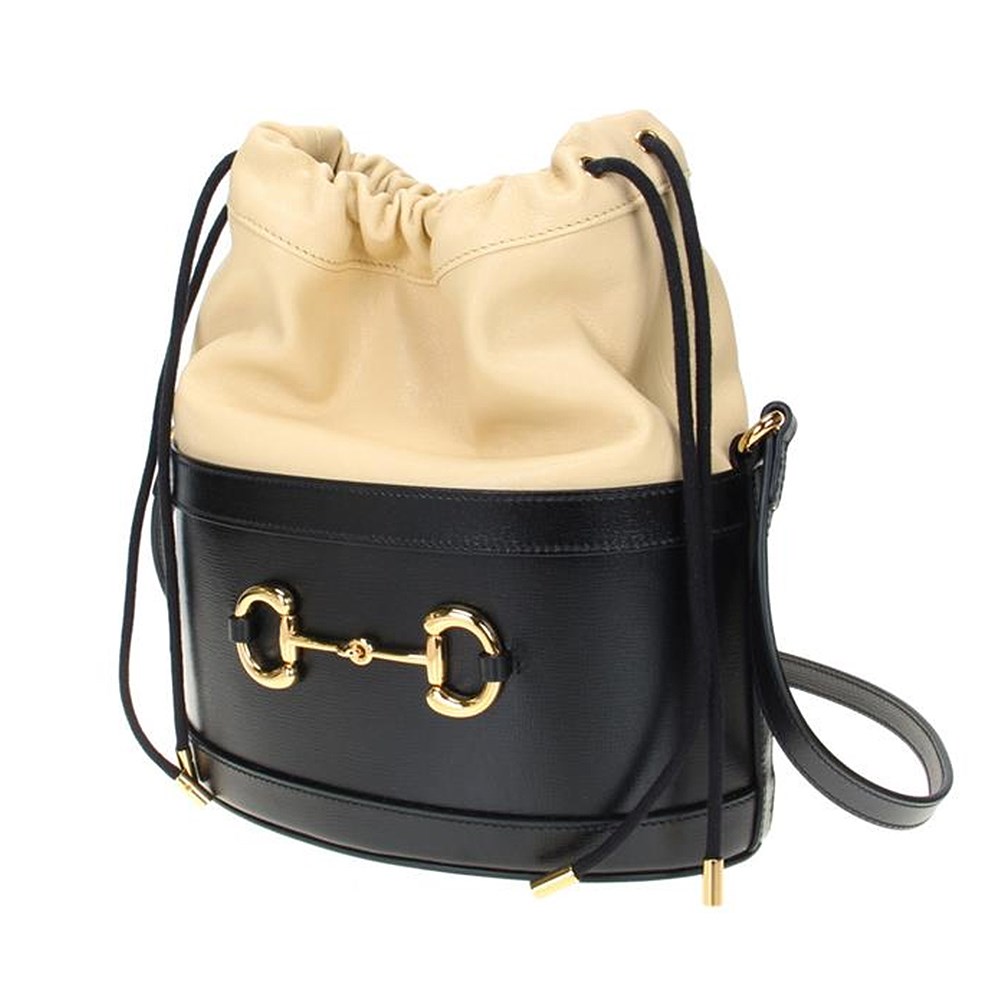 【GUCCI 古馳】602118 經典1955 Horsebit系列馬銜扣皮革抽繩肩背/斜背水桶包(黑色)
