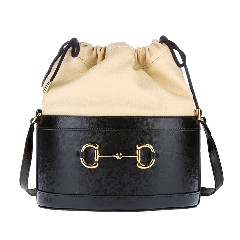  【GUCCI 古馳】602118 經典1955 Horsebit系列馬銜扣皮革抽繩肩背/斜背水桶包(黑色)