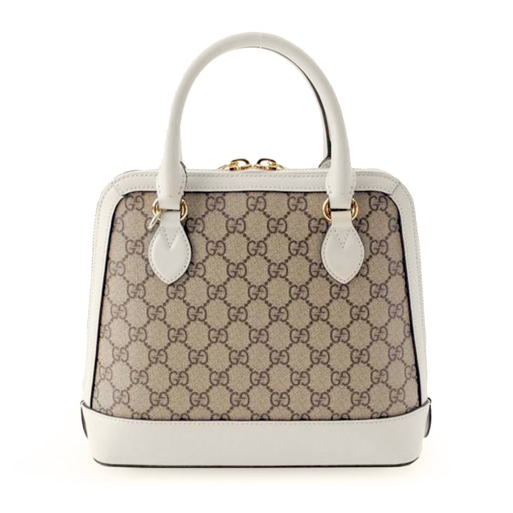 【GUCCI 古馳】621220 經典1955馬銜扣系列GG帆布牛皮飾邊手提/斜背兩用包(白色)