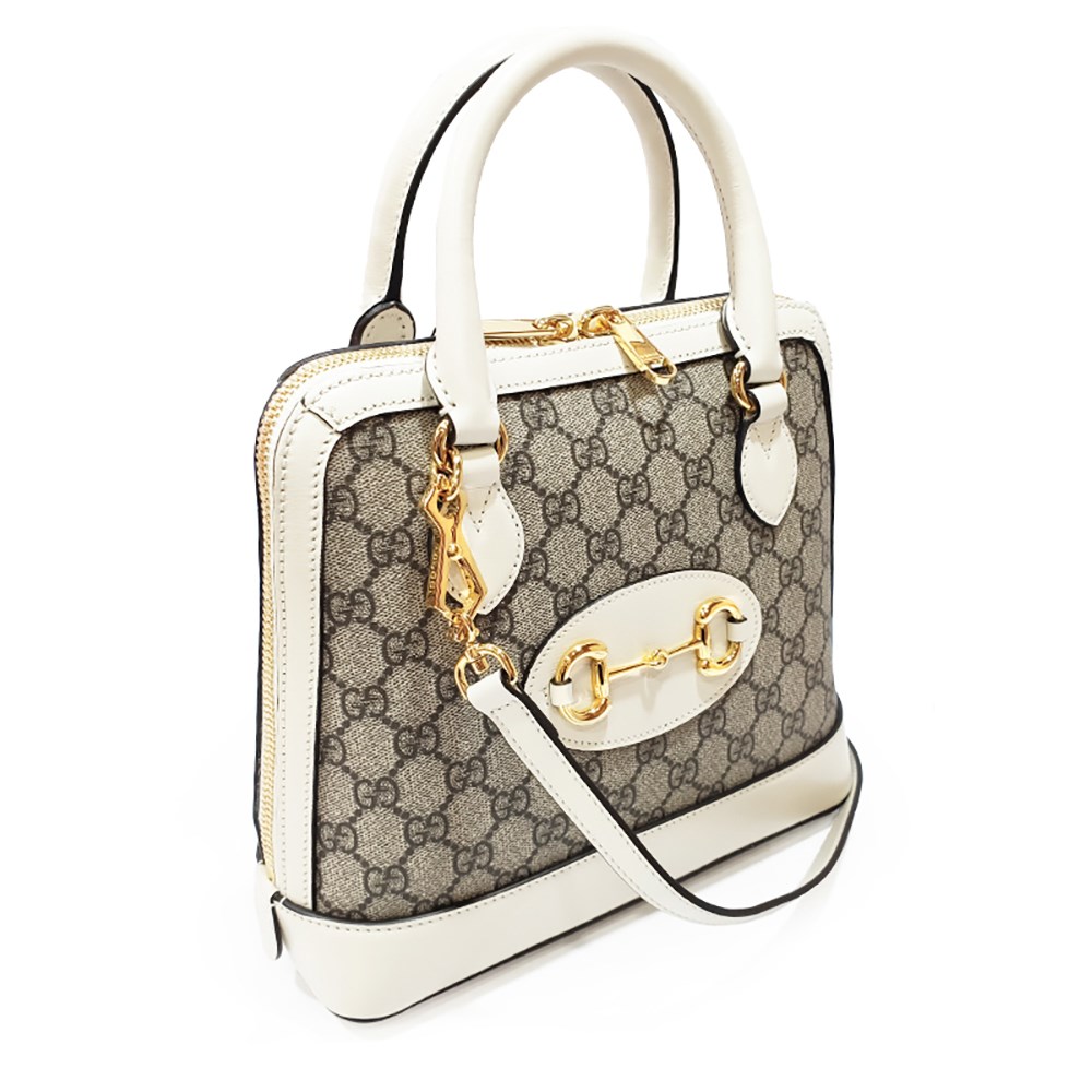 【GUCCI 古馳】621220 經典1955馬銜扣系列GG帆布牛皮飾邊手提/斜背兩用包(白色)