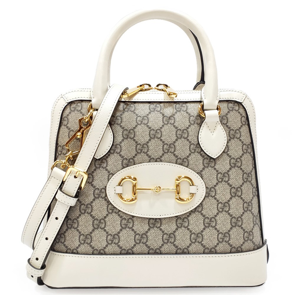 【GUCCI 古馳】621220 經典1955馬銜扣系列GG帆布牛皮飾邊手提/斜背兩用包(白色)
