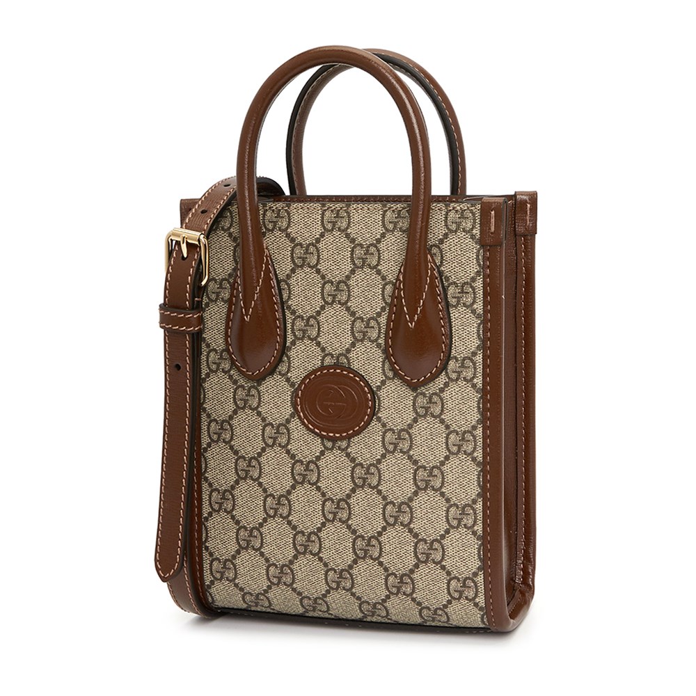 【GUCCI 古馳】671623 經典Interlocking G系列迷你中性款手提/單肩/斜背手機兩用包(棕色)