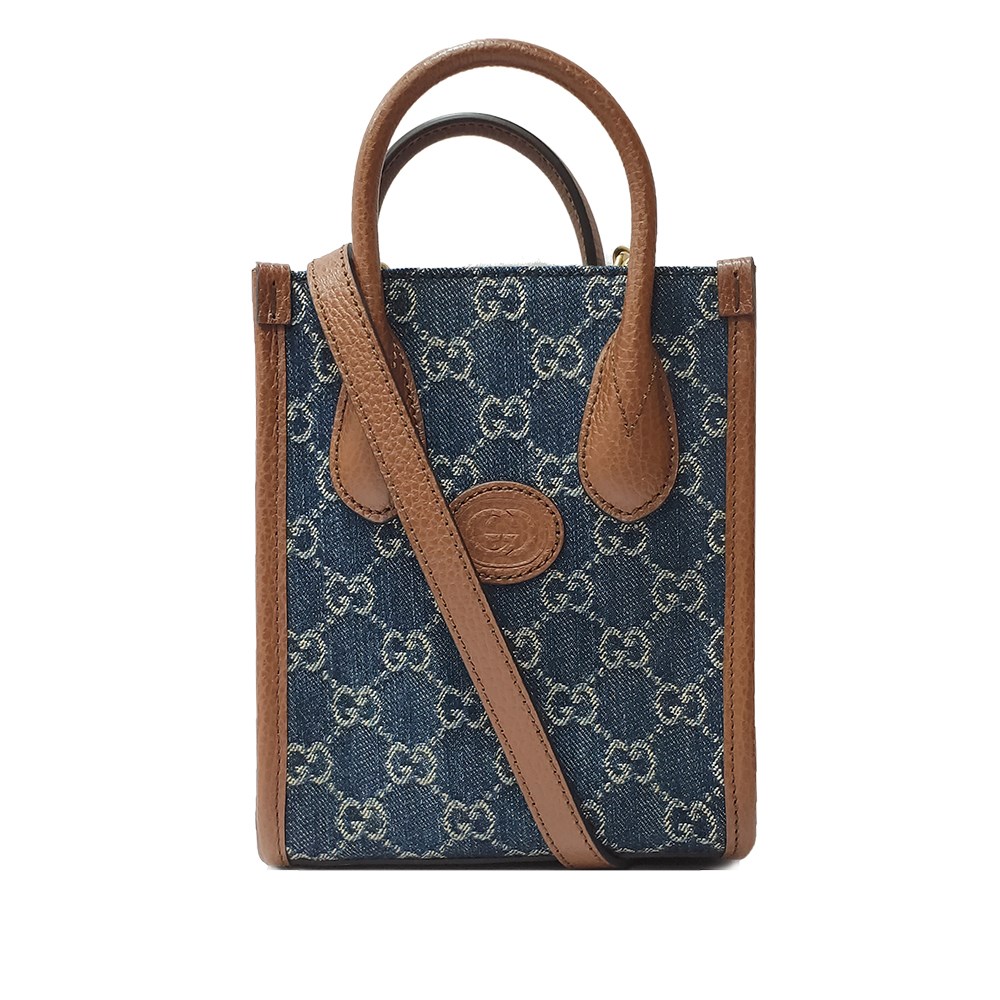 【GUCCI 古馳】671623 經典Interlocking G系列迷你中性款手提/單肩/斜背手機兩用包(丹寧)