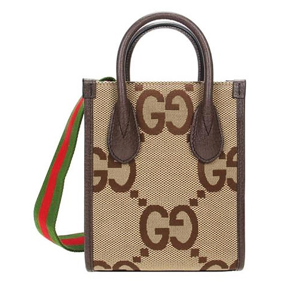 【GUCCI 古馳】699406 新款Jumbo系列綠紅綠寬背帶迷你中性款手提/單肩/斜背手機兩用包(棕色)