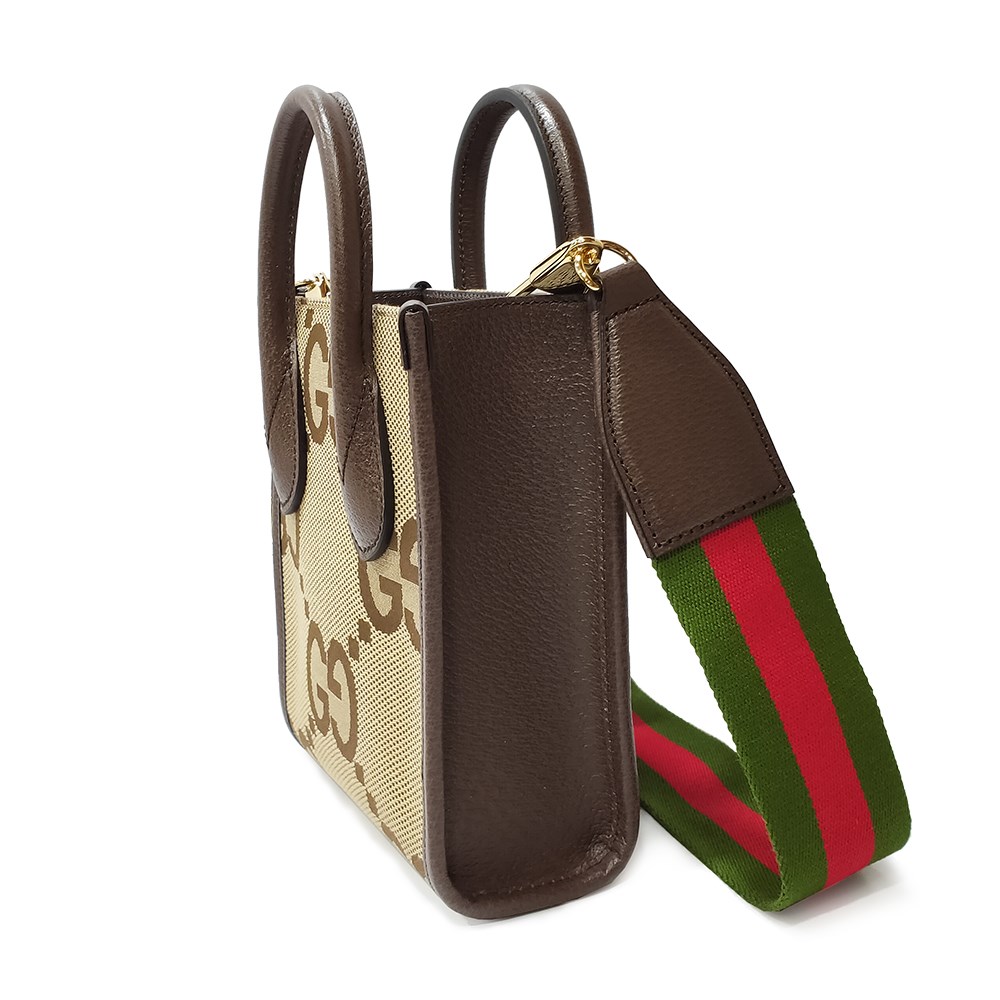 【GUCCI 古馳】699406 新款Jumbo系列綠紅綠寬背帶迷你中性款手提/單肩/斜背手機兩用包(棕色)