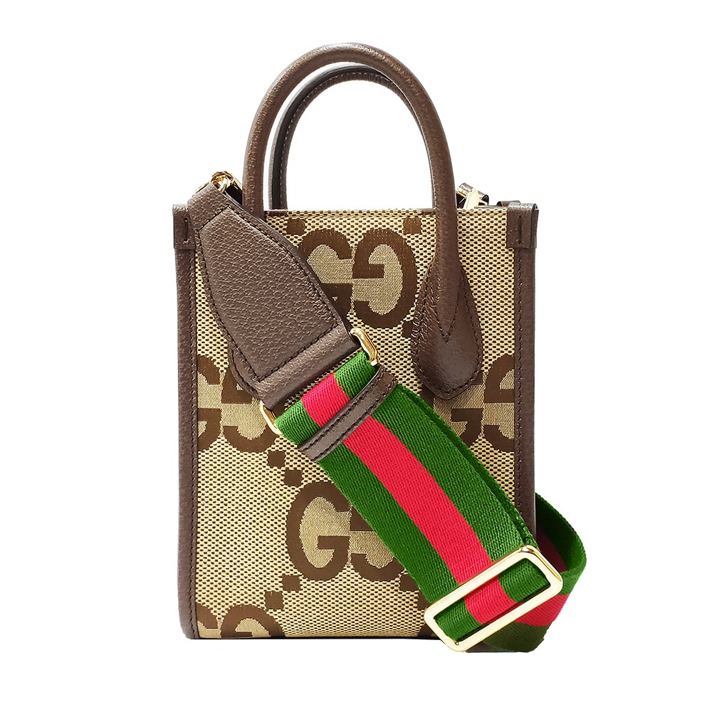 【GUCCI 古馳】699406 新款Jumbo系列綠紅綠寬背帶迷你中性款手提/單肩/斜背手機兩用包(棕色)