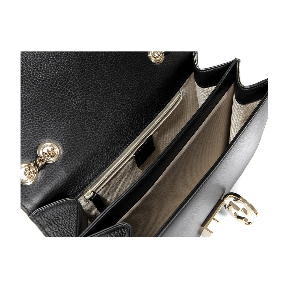 【GUCCI 古馳】510303 經典Interlocking系列雙G LOGO全皮革淡金鍊肩背/斜背包(黑色)