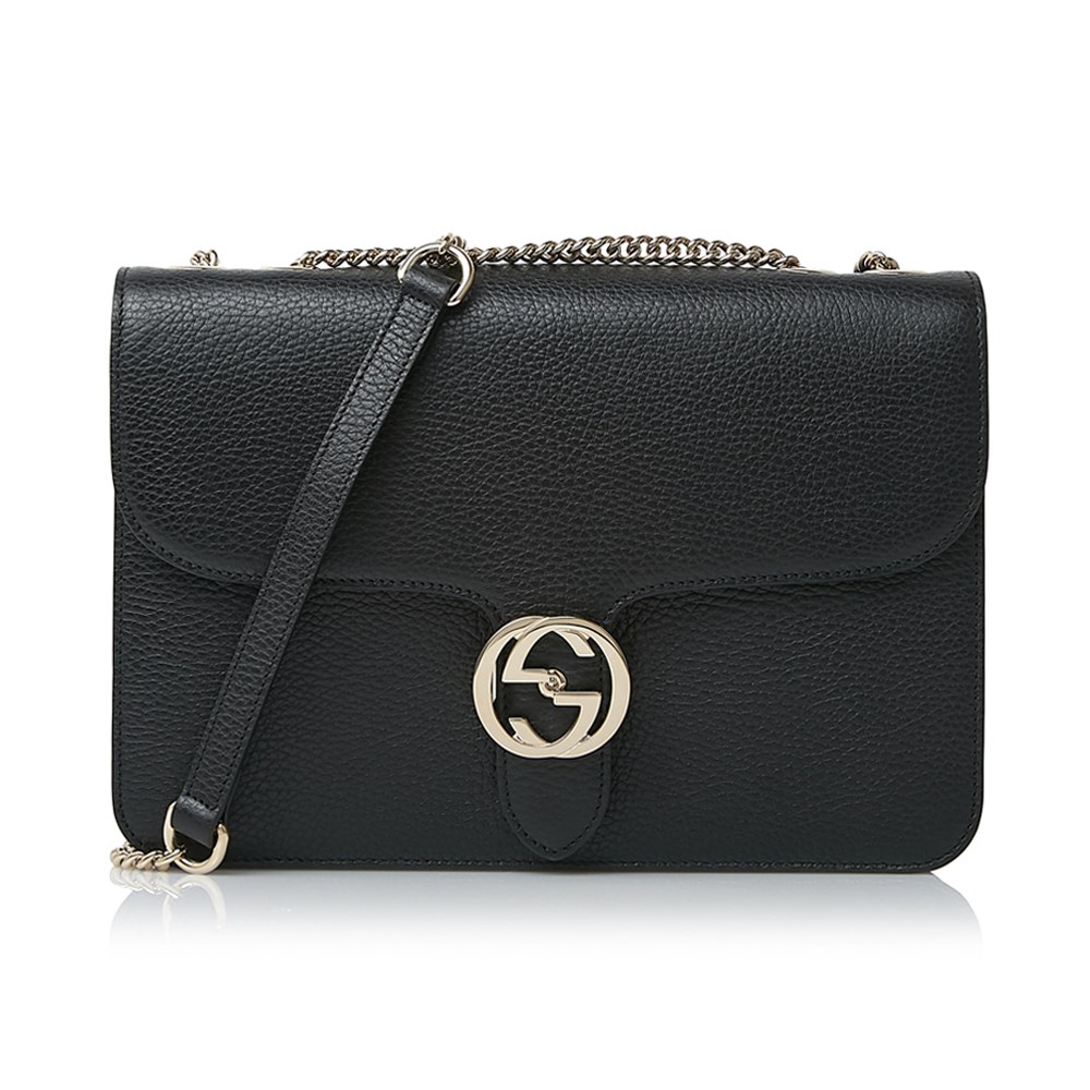 【GUCCI 古馳】510303 經典Interlocking系列雙G LOGO全皮革淡金鍊肩背/斜背包(黑色)