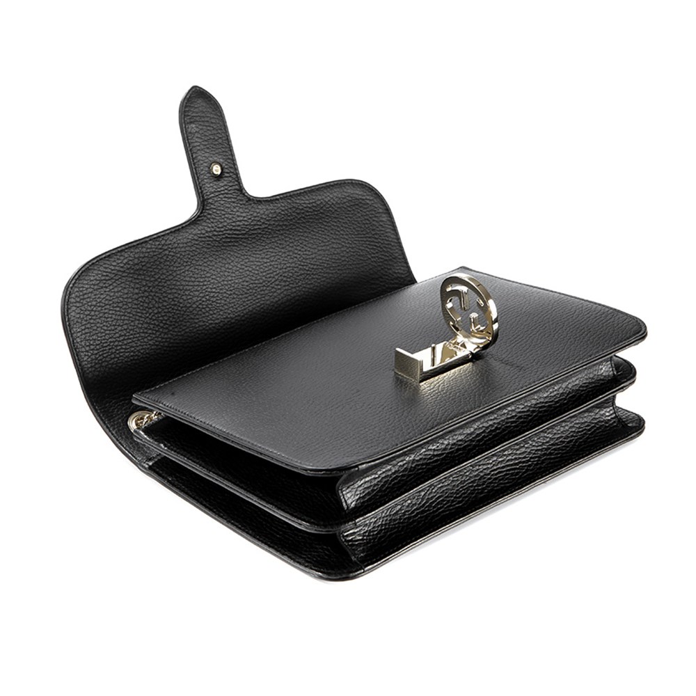 【GUCCI 古馳】510303 經典Interlocking系列雙G LOGO全皮革淡金鍊肩背/斜背包(黑色)