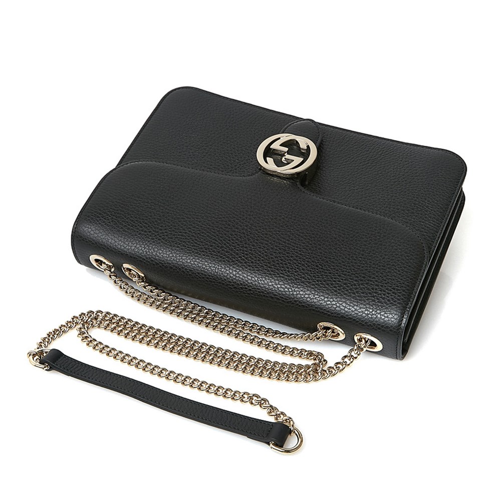 【GUCCI 古馳】510303 經典Interlocking系列雙G LOGO全皮革淡金鍊肩背/斜背包(黑色)