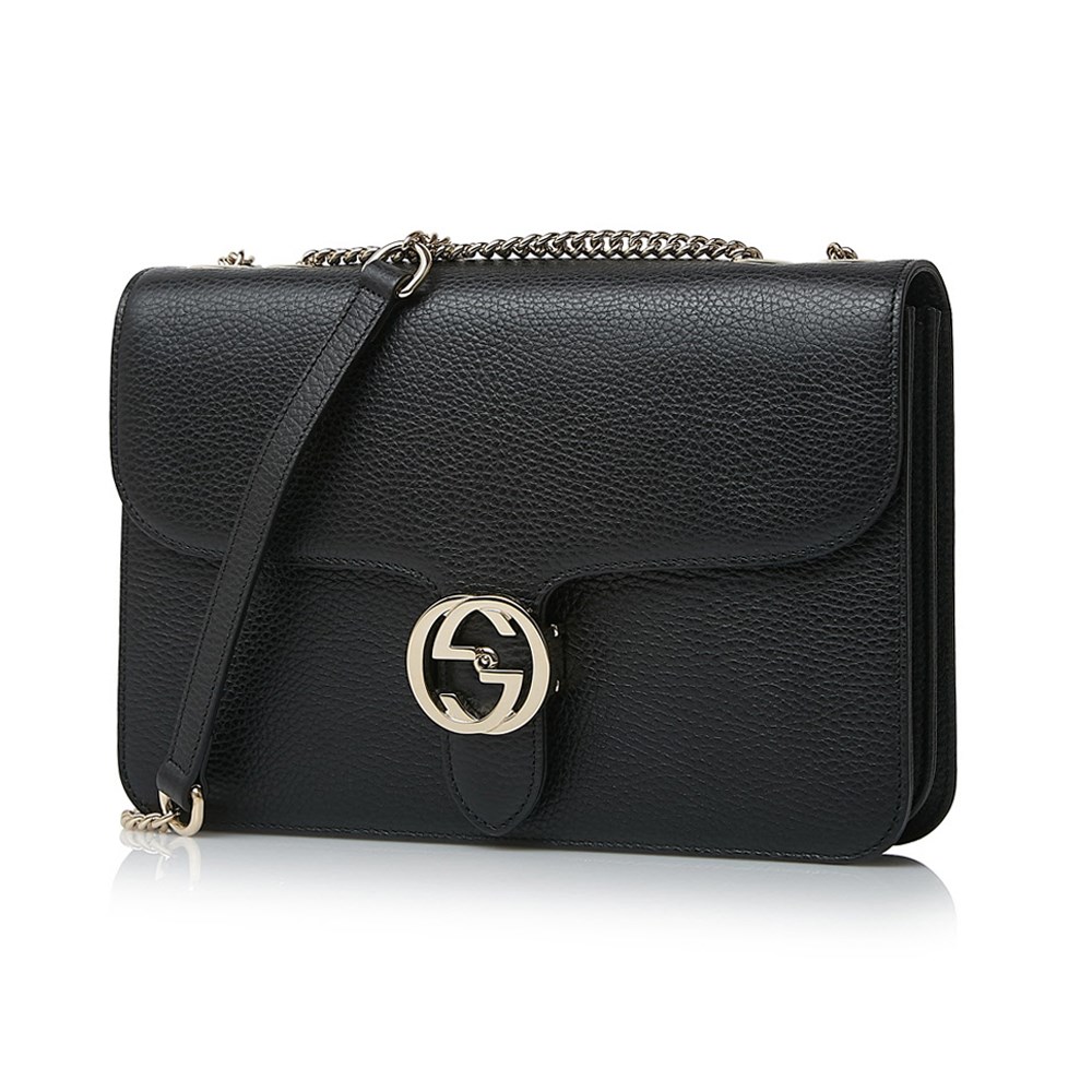 【GUCCI 古馳】510303 經典Interlocking系列雙G LOGO全皮革淡金鍊肩背/斜背包(黑色)