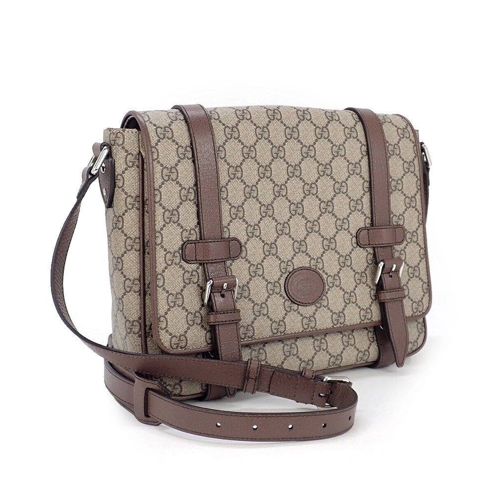 【GUCCI 古馳】 658542 經典GG Supreme印花帆布中性款郵差包 肩背/斜背包(棕色)